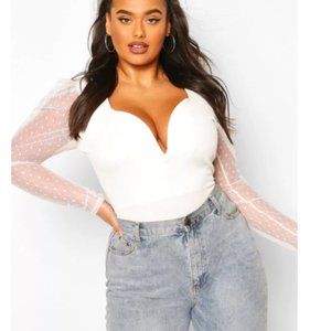 NWT PLUS DOBBY MESH SLEEVE PLUNGE BODYSUIT IVORY SIZE 16